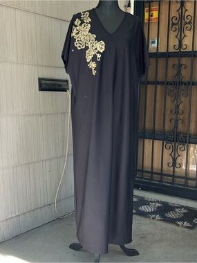Embossed Black Caftan with Gold Floral Embossed Shoulder Glam Kaftan Resortwear